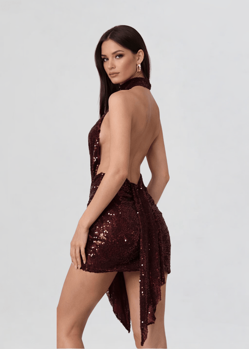 Allegra Sequin Halterneck Mini Dress in Burgundy