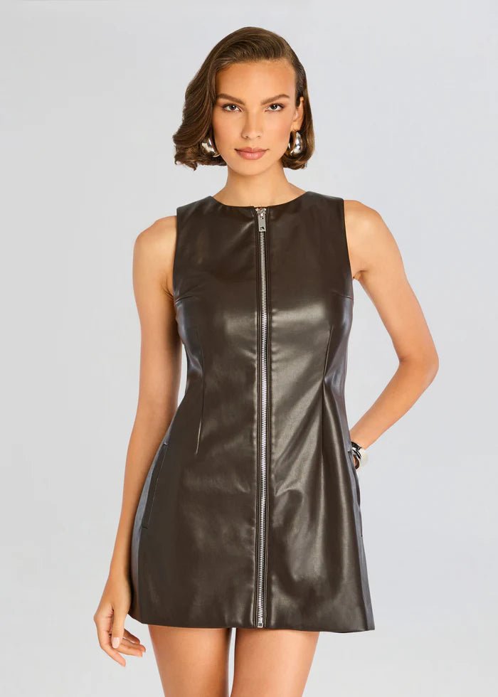 Aria Vegan Leather Mini Dress in Ash Brown - Ché by Chelsey