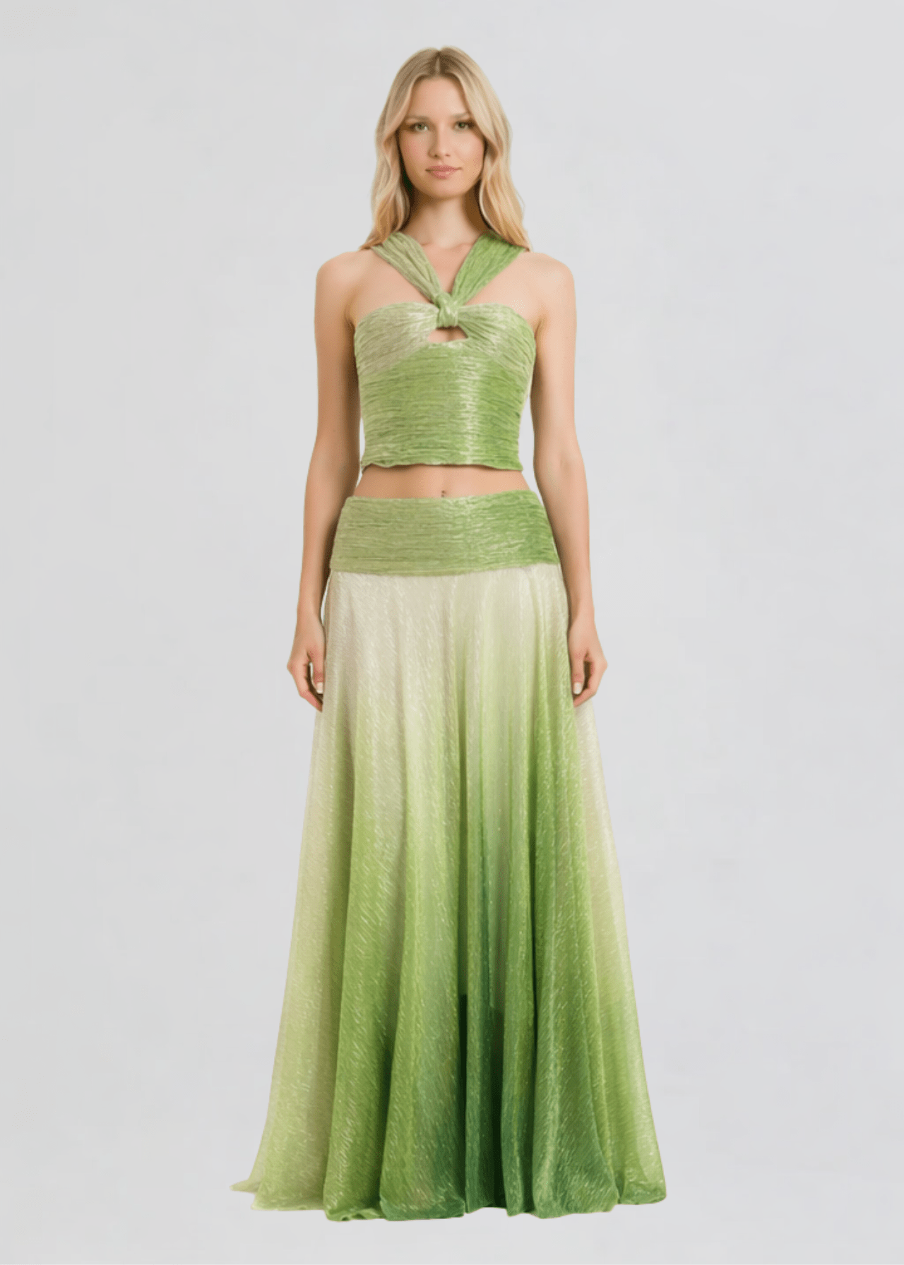 green two piece dress Green Plunging V Two-Piece Ruffle Layers A-line Long Prom Dress Custom Color / US 10