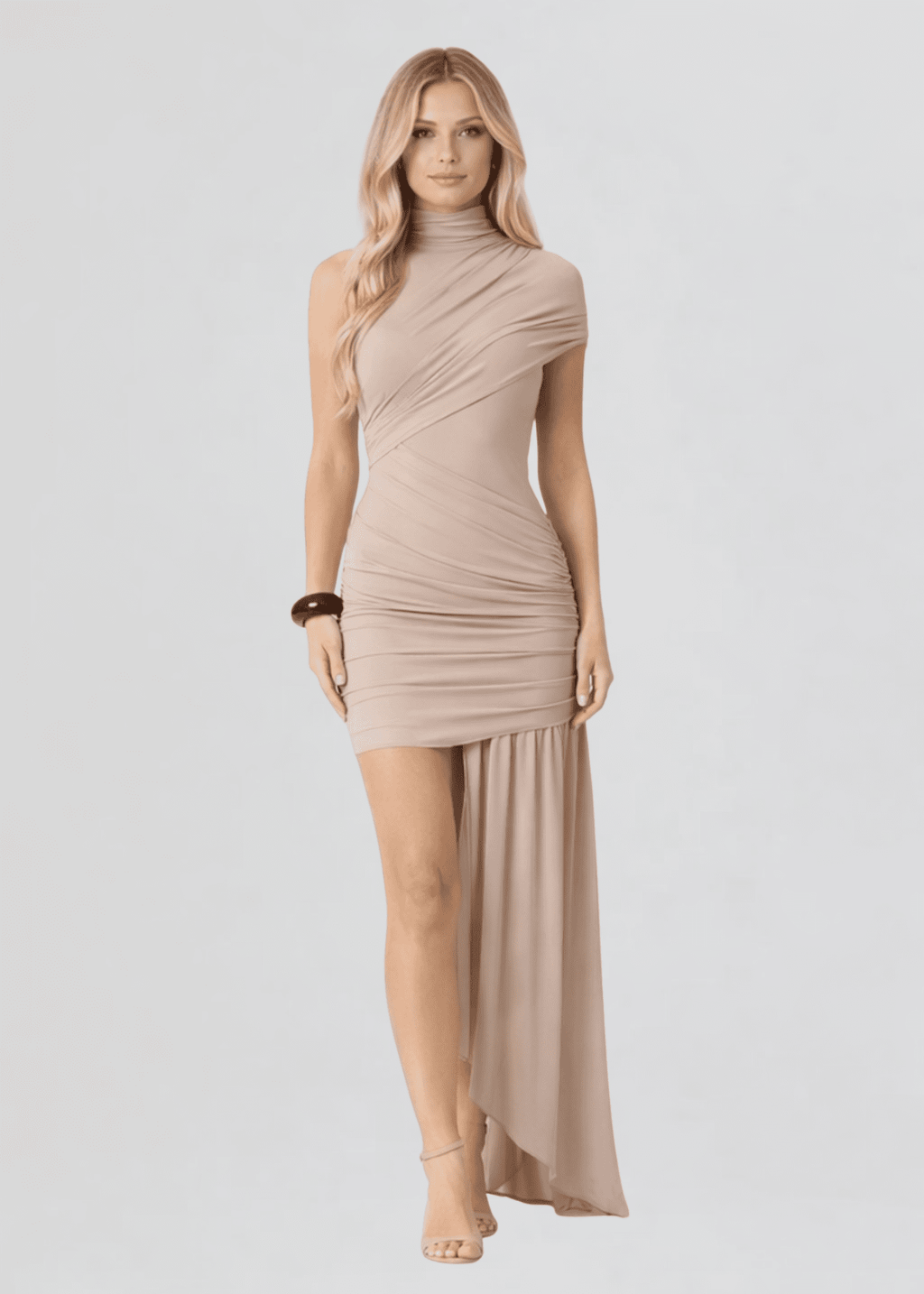 Kimmie Asymmetrical Mini Dress in Taupe L