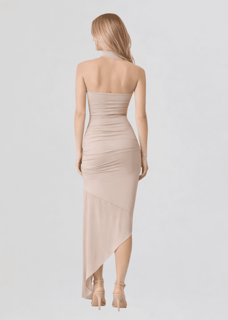 Kimmie Asymmetrical Mini Dress in Taupe L