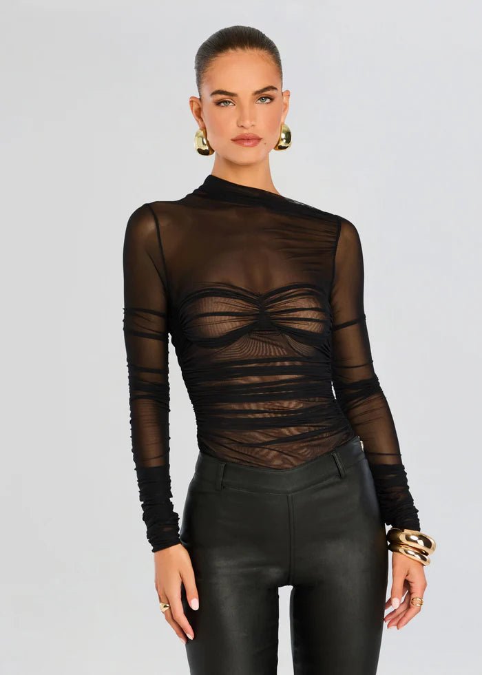 Mila Ruched Bodysuit with Asymetric Neck in Black - Ché by Chelsey