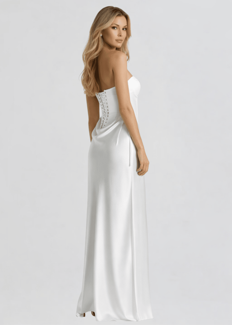 Buy Strapless Drape-Waist Satin Corset Maxi Dress, White / S online at SR Store