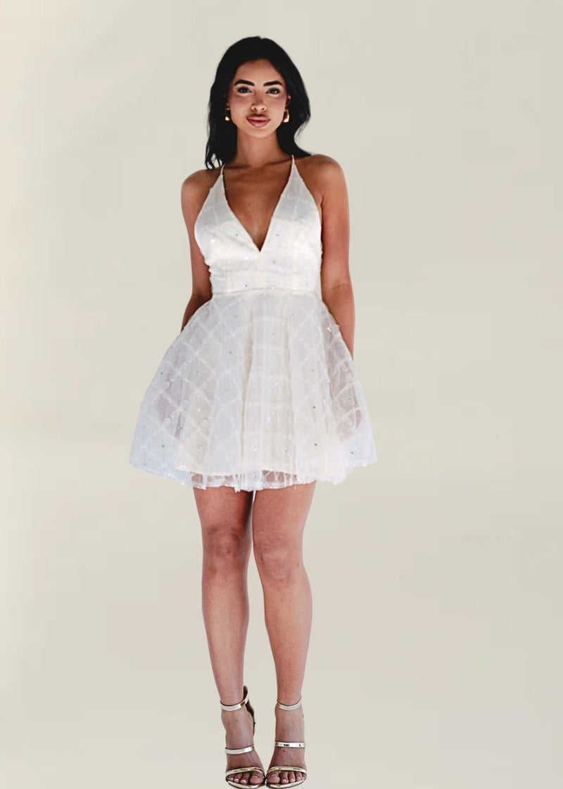 Olivia Sequin V Neck Mini Dress in White - Ché by Chelsey