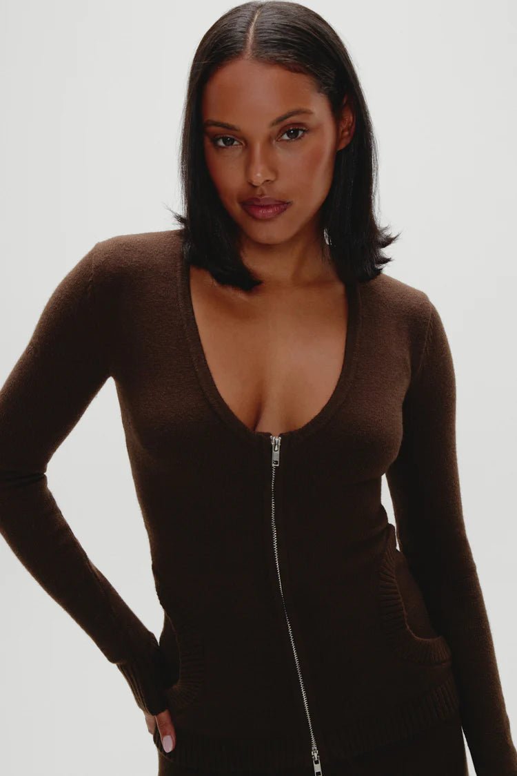 Sienna Zip Up Knit Sweater in Chocolate Brown - Ché by Chelsey