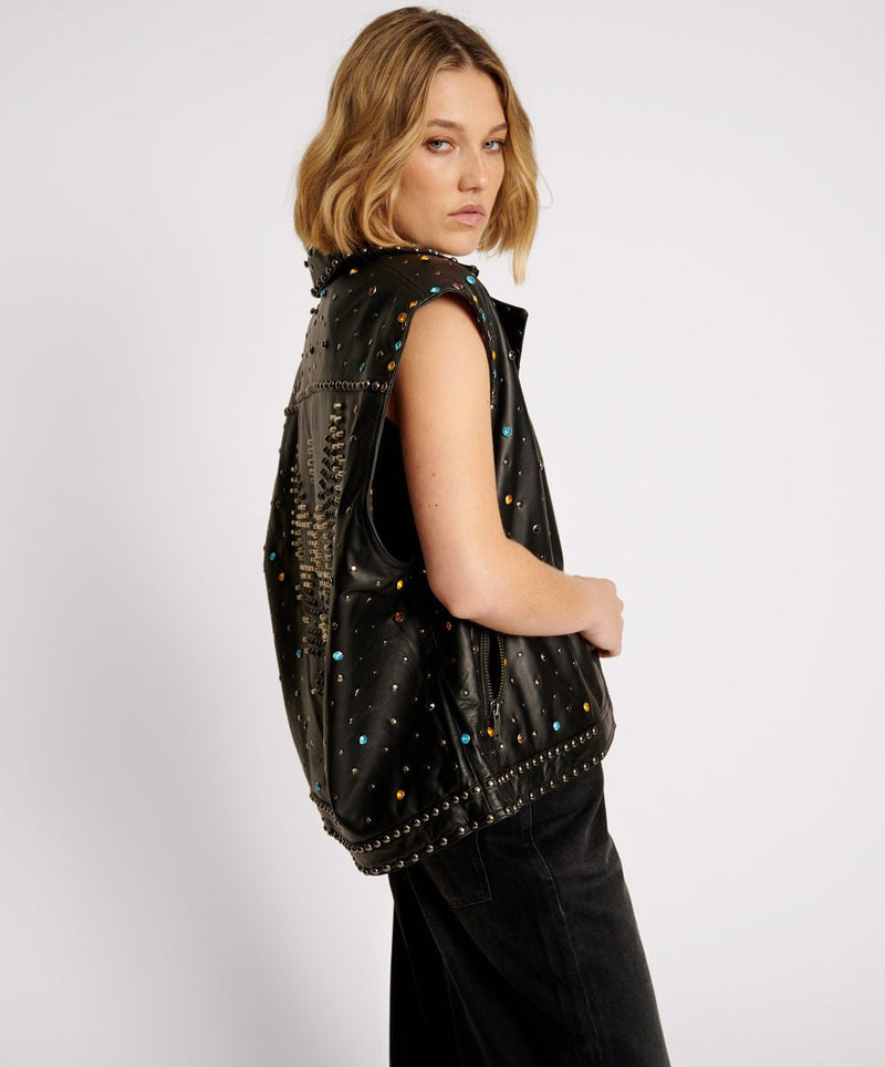 Studded Jewel Leather Eagle Punk Sleeveless Jacket - Ché by Chelsey