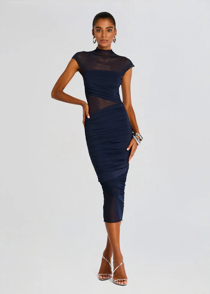 Tabitha Mesh Ruched Midi Dress in Sapphire - Ché by Chelsey