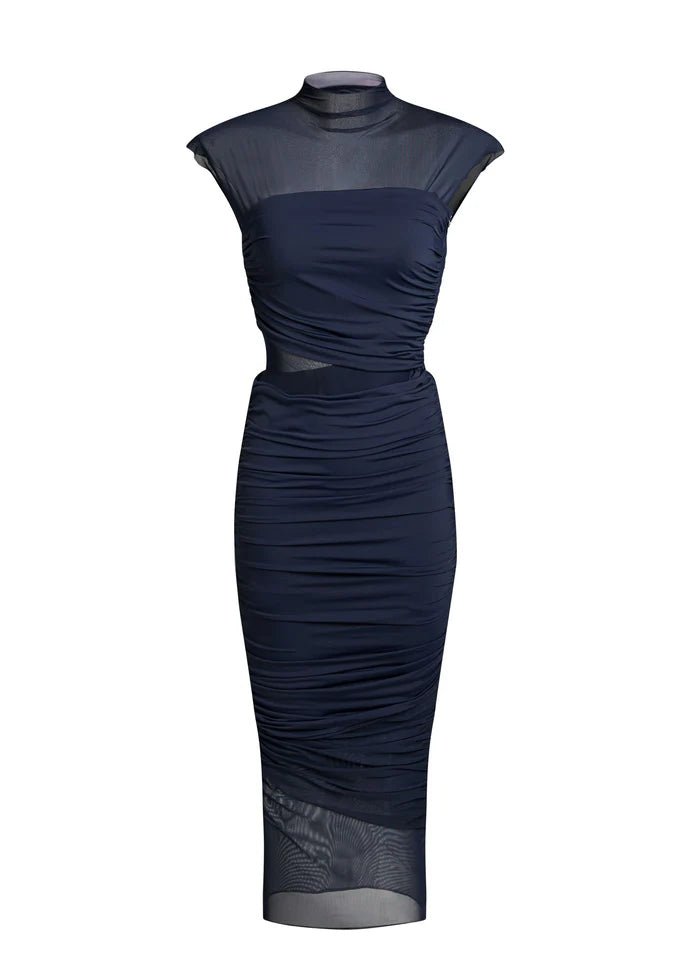 Tabitha Mesh Ruched Midi Dress in Sapphire - Ché by Chelsey