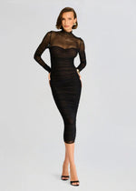 Trina Mesh Ruched Midi Dress in Black - Ché by Chelsey