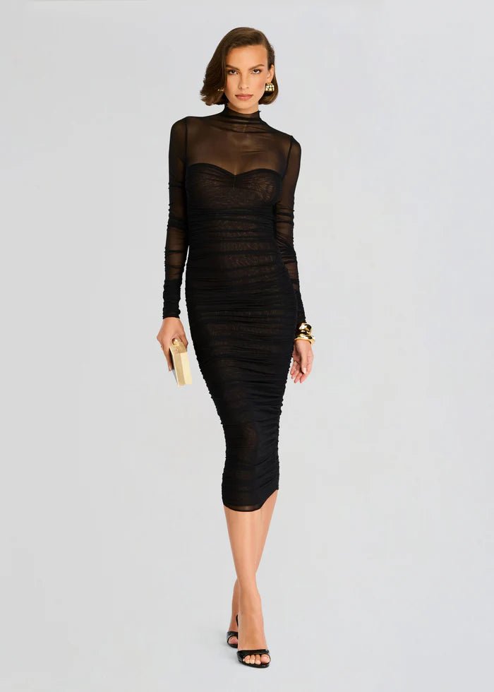 Trina Mesh Ruched Midi Dress in Black - Ché by Chelsey