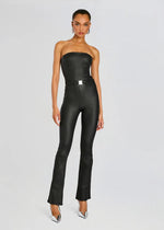 Vice Slim Flare Jumpsuit in Coated Black - Ché by Chelsey