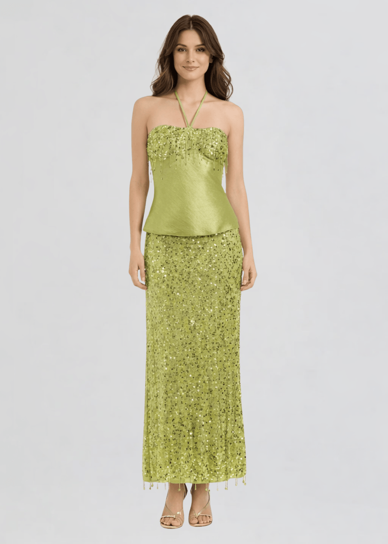 open lace back dress Yasmin Hand Beaded Maxi Skirt in Olive Oil Sequin S / Olive Oil Sequin