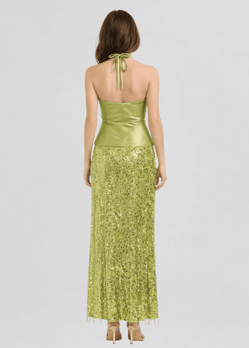 Yasmin Hand Beaded Maxi Skirt in Olive Oil Sequin S / Olive Oil Sequin